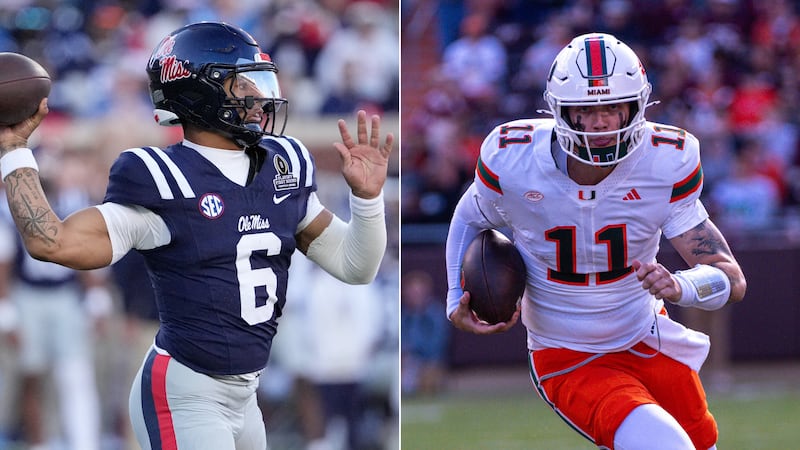 Ole Miss quarterback Trinidad Chambliss, on left, and Miami quarterback Carson Beck, on right.