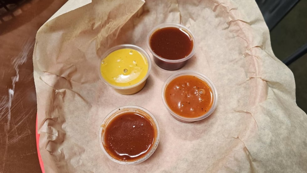Sauces include: A zesty Texas Red, sweet and smoky KC Brown, mustard-tangy Carolina Gold, and...