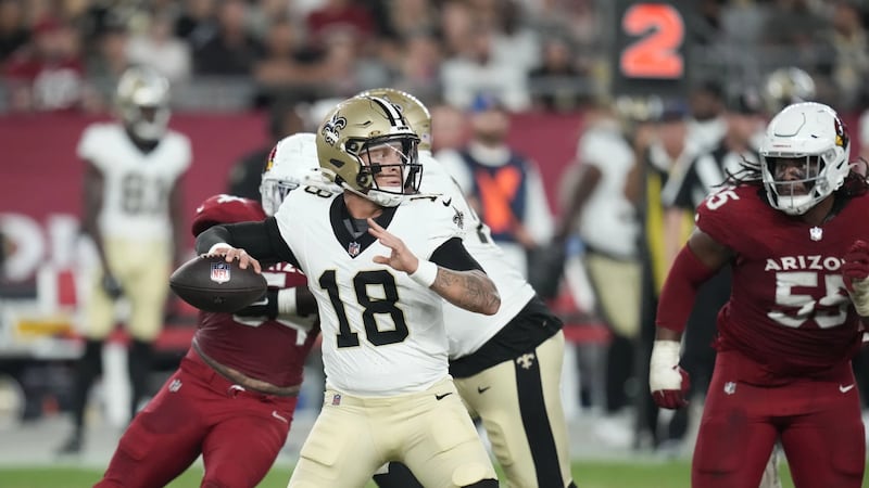 New Orlenas Saints Quarterback Spencer Rattler (18) passes in the second half of a preseason...