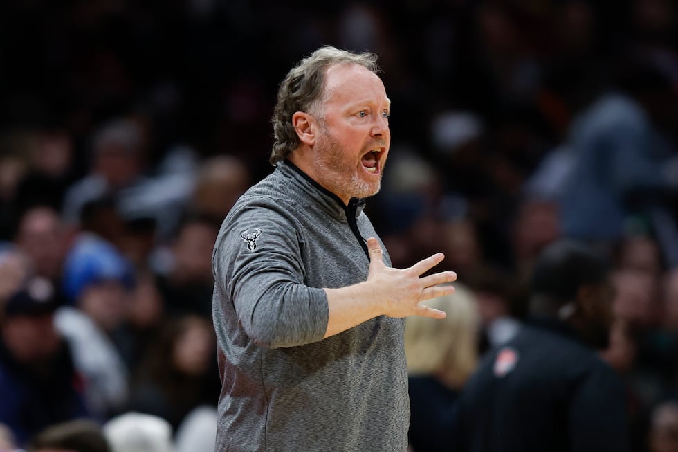 Milwaukee Bucks head coach Mike Budenholzer argues a call during the second half of an NBA...