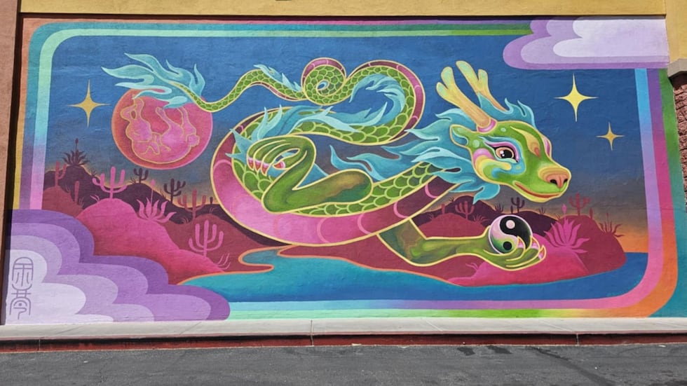 Shela Yu's Jewel of Balance mural is on the south side of the Mekong Plaza building.