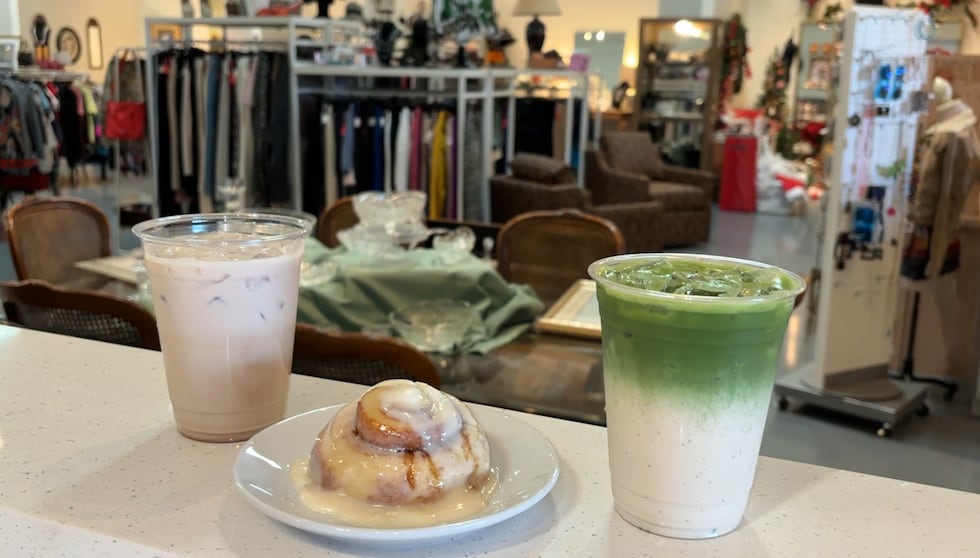 Chai latte, cinnamon roll, and Matcha latte offered at Grounds to Thrive which is located...