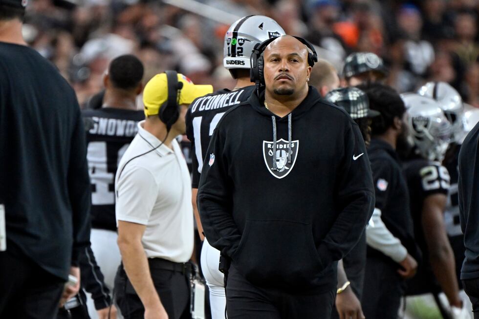 Las Vegas Raiders head coach Antonio Pierce looks on during an NFL football game against the...