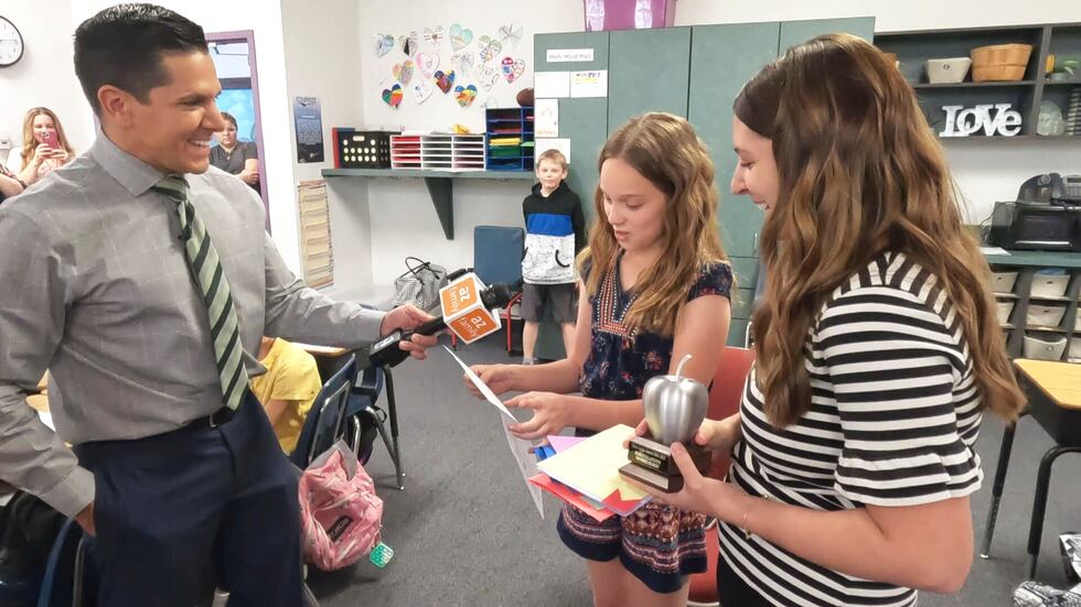 Fourth-grader Sophie Thiebaut nominated Rebecca Langoni for the Silver Apple Award.