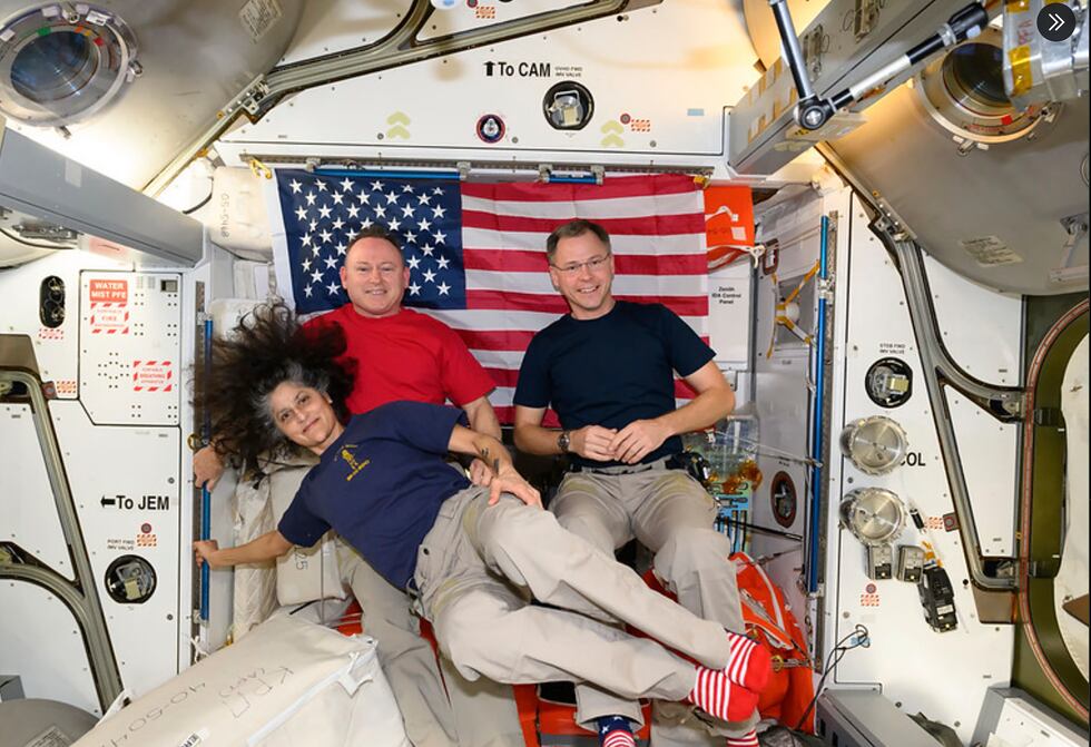 This image provided by NASA shows Nick Hague, right, Suni Williams, and Butch Wilmore.