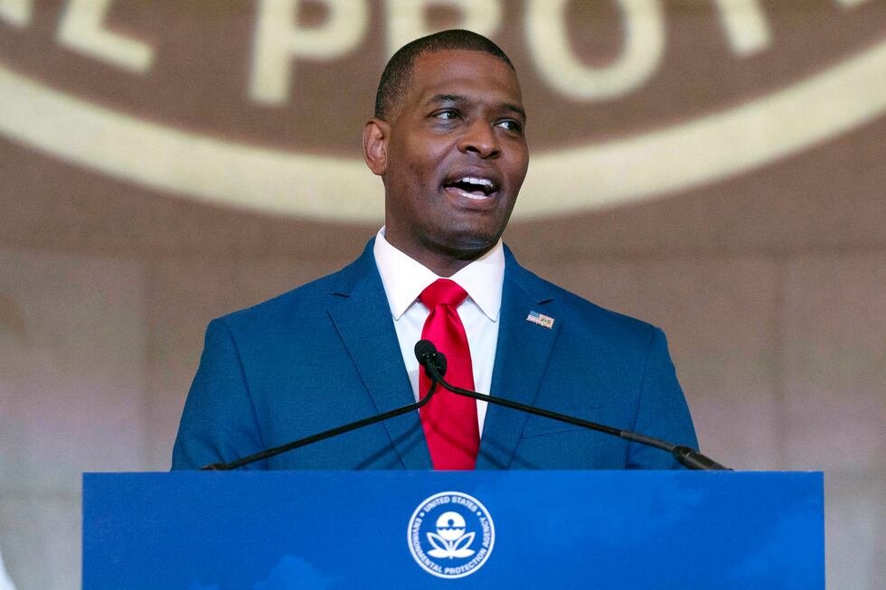 FILE - Environmental Protection Agency Administrator Michael Regan speaks to employees in...