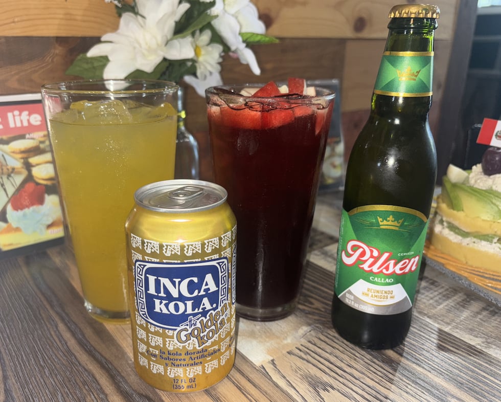 Drinks from left to right: Maracuja (Passion Fruit) Agua Fresca, Inca Kola, Chica Morada,...