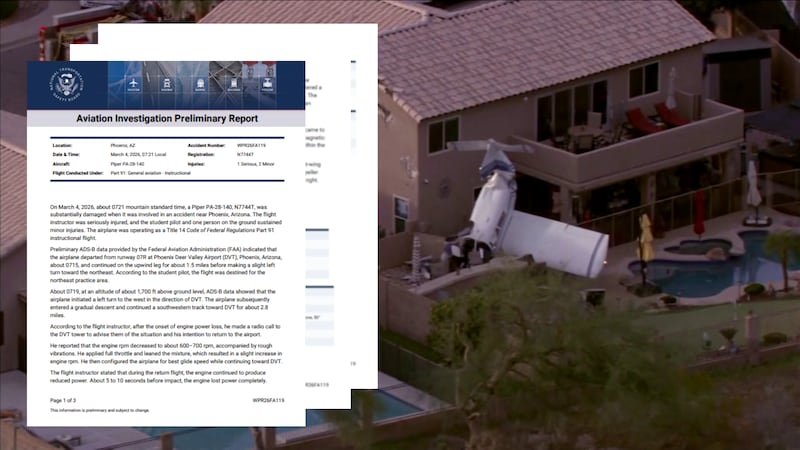 A new NTSB report shows that a loss of engine power led to a plane crash in a north Phoenix...