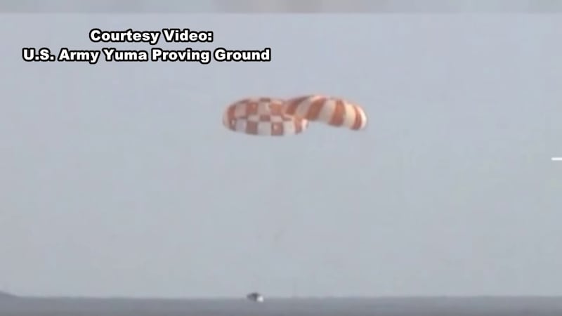 The Orion capsule parachute system underwent developmental testing at the Yuma Proving Ground...