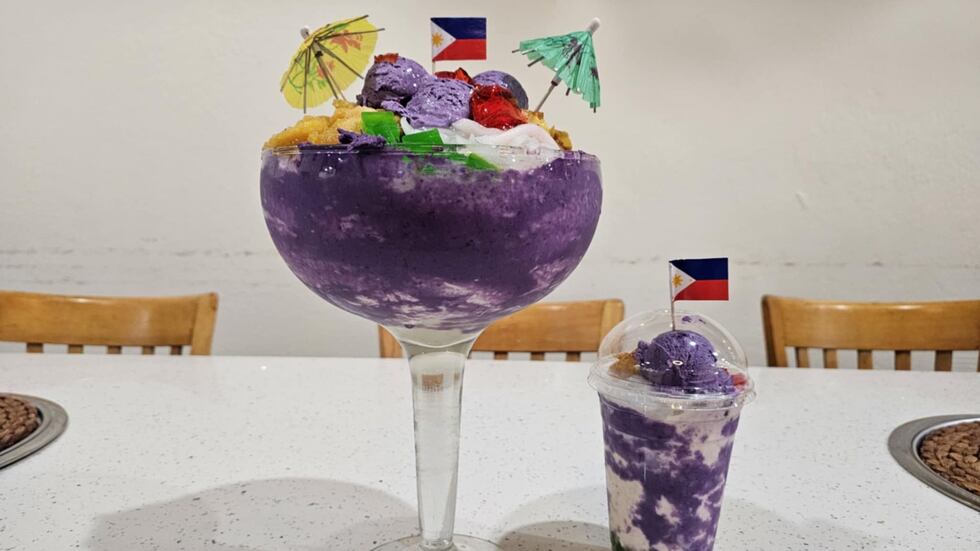 The Halo Halo has shaved ice with tapioca, gelatin, sweetened red mung beans, and homemade ube...