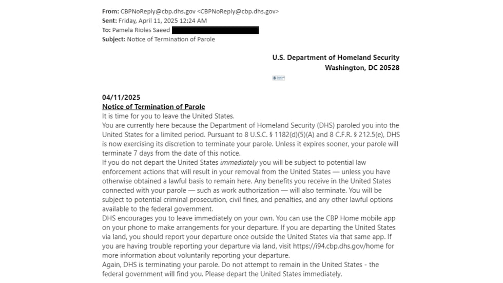 The email said she had seven days to leave.