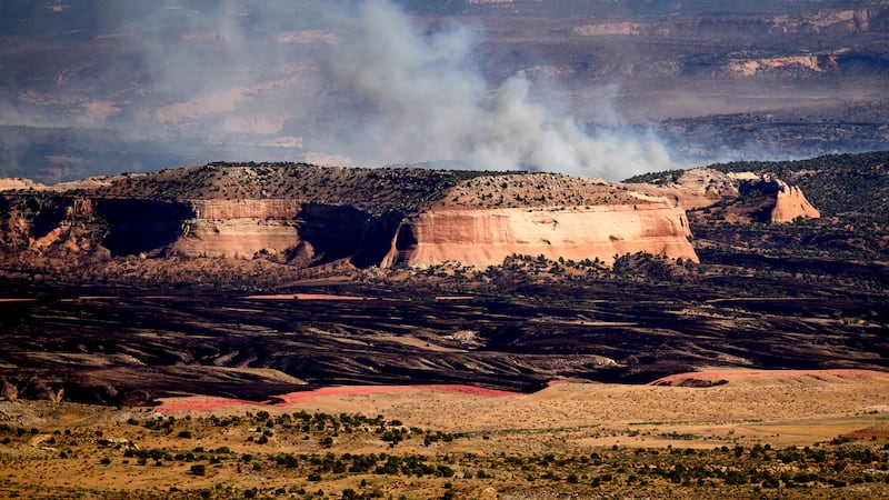 The Snyder Fire burns near Thompson Springs, Utah, on Sunday, June 28, 2026. (AP Photo/Noah...