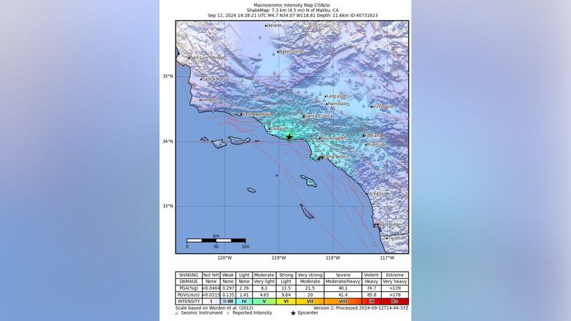 This map from the U.S. Geological Survey shows the macroseismic intensity of Thursday's...