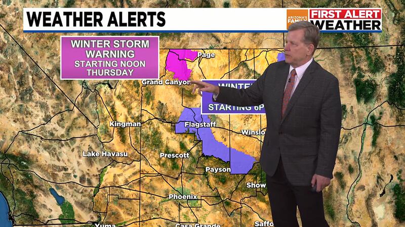 Thursday night into Friday we will see an chance for storms in Phoenix and snow in the higher...