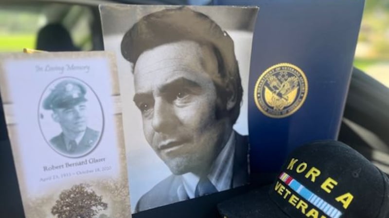 Two black and white photos of a man next to a black cap that says "Korea Veteran."