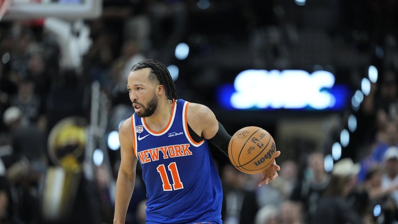 New York Knicks guard Jalen Brunson moves the all against the San Antonio Spurs during the...