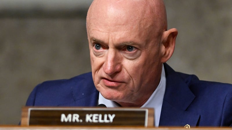 FILE - Sen. Mark Kelly, D-Ariz., speaks during a Senate Intelligence Committee hearing, at the...
