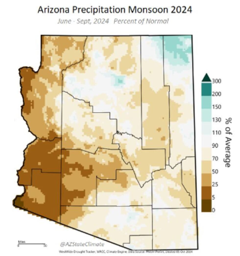 This map, courtesy of the Arizona State Climatologist, shows the percentage statewide of how...