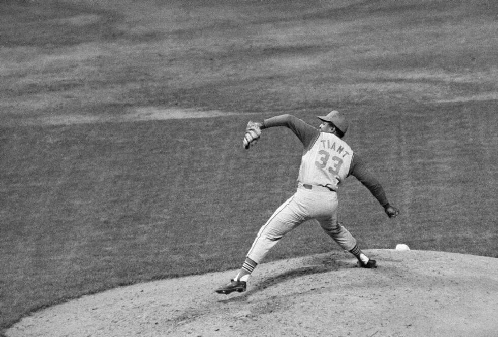 FILE - Luis Tiant of the Cleveland Indians pitches against the New York Yankees in the fourth...