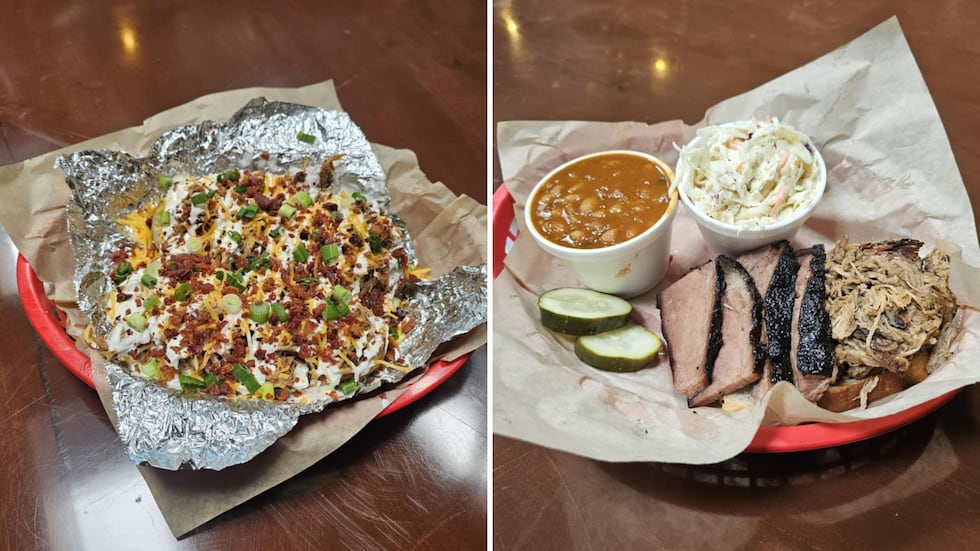 (Left): A hefty loaded baked potato is topped with butter, sour cream, cheddar cheese, green...