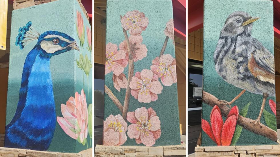 The columns have flowers and birds representing the most populous Asian countries.