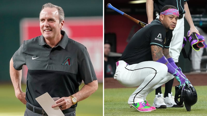 The Arizona Diamondbacks CEO Derrick Hall during their Hall of Fame ceremony in 2024, left,...