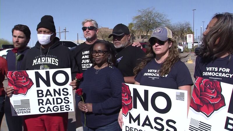 Friends and fellow Veterans staged a protest outside his immigration hearing in Florence, East...