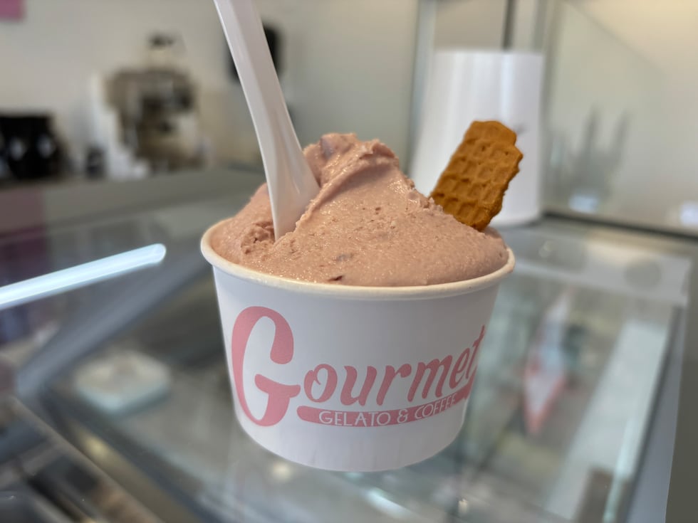 Medium gelato cup with white chocolate cherry gelato.