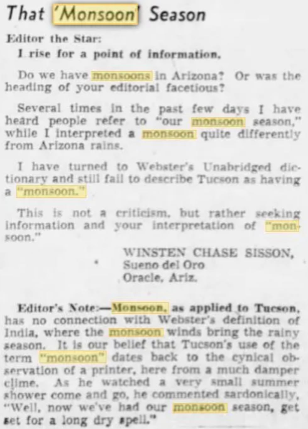 Clipping from the Tucson Star