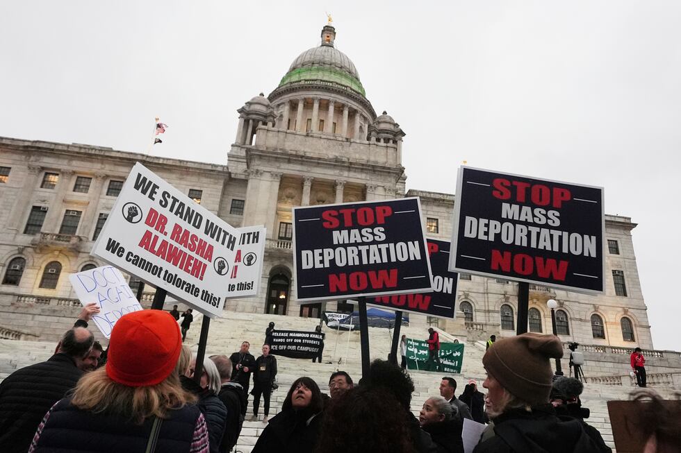 Protesters rally outside the Rhode Island State House in support of deported Brown University...