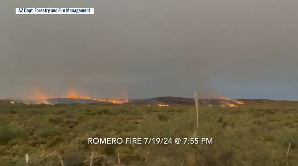 The Romero Fire is burning grass and brush northwest of Mammoth, Ariz.