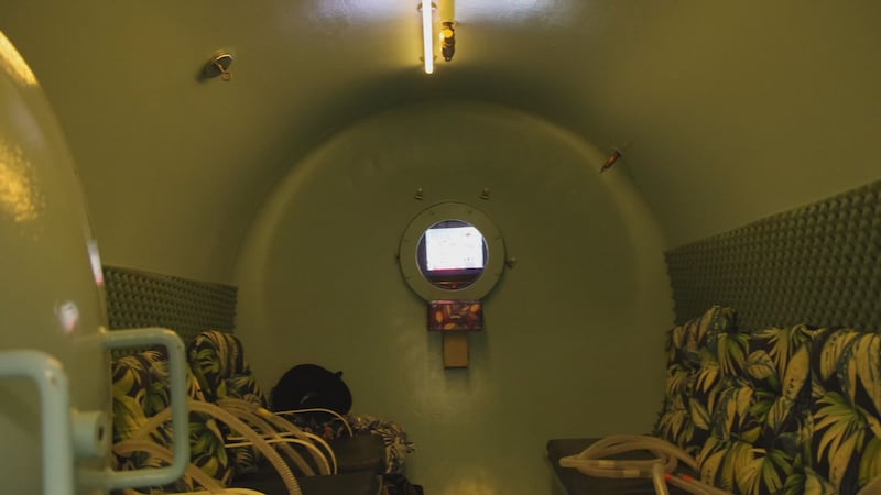 The pressurized chamber pumps in 100% pure oxygen while the patients is at the equivalent of...