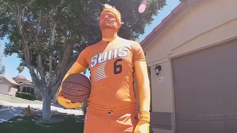 This photo shows Mr. ORNG decked out during the Suns regular season.