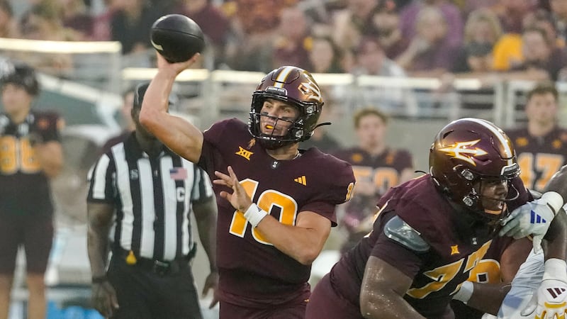 Arizona State quarterback Sam Leavitt (10) throws against Kansas during the first half of an...