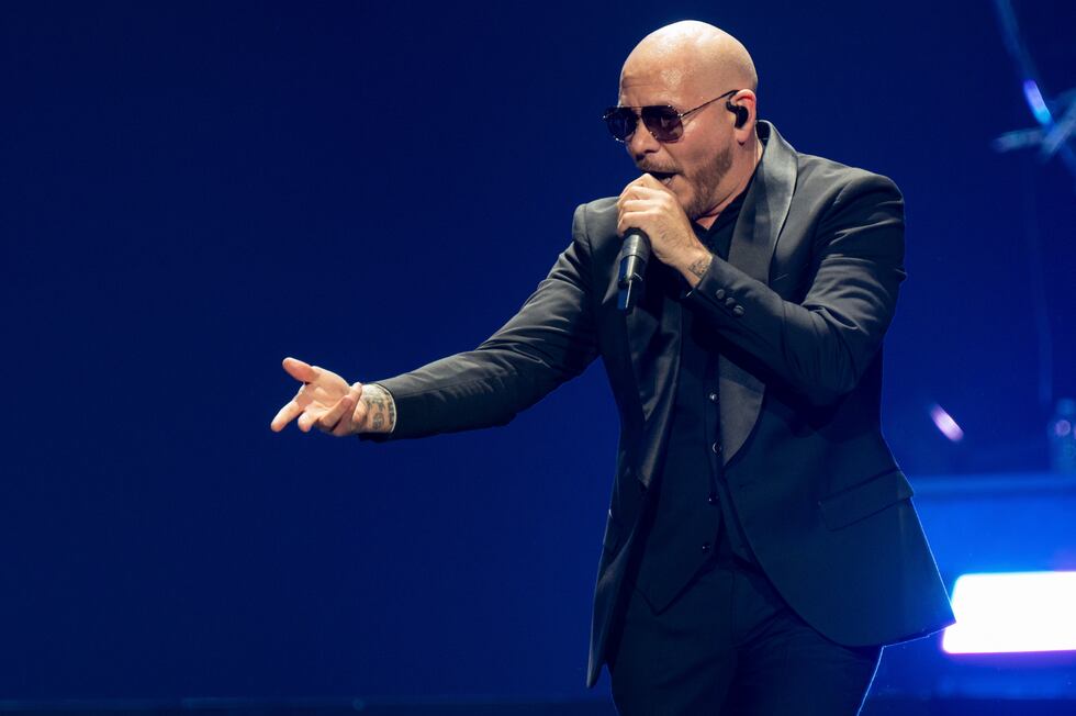 Pitbull performs as part of "The Trilogy Tour" on Sunday, March 3, 2024, in Atlanta. (Photo by...