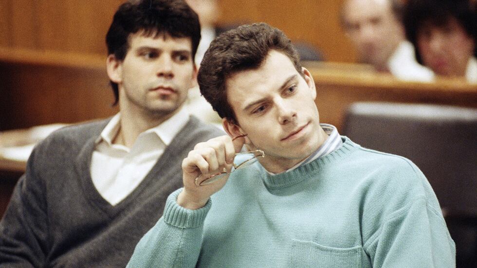 FILE - Lyle, left, and Erik Menendez appear in court for a preliminary hearing held in Beverly...