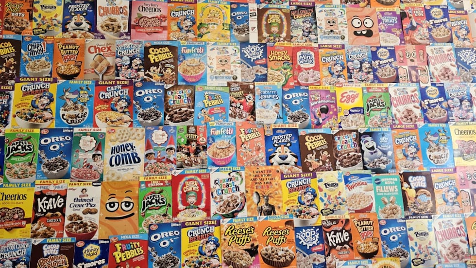 Over 100 cereal boxes in popular and rare flavors line the walls of Cereal Killerz Kitchen...