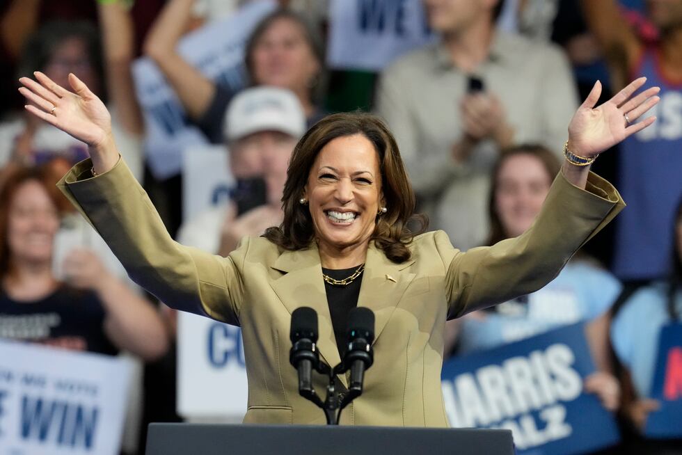 Democratic presidential nominee Vice President Kamala Harris speaks at a campaign rally at...