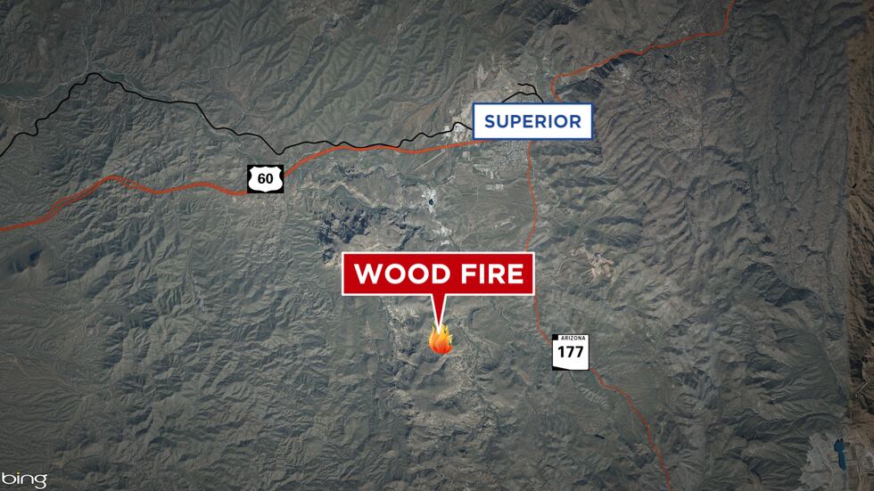 The lightning-sparked Wood Fire is burning a few miles SSW of Superior.