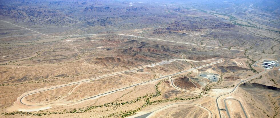 Aerial view of the Yuma Desert Proving Ground campus. 5 mile wide roads, circular roads, etc.