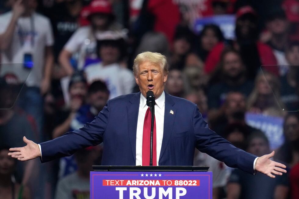 Republican presidential nominee former President Donald Trump speaks at a campaign rally...