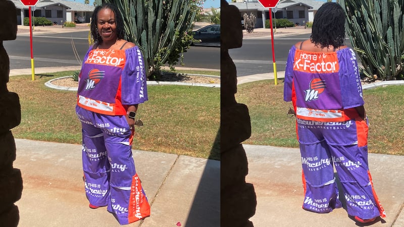 A fan wore an outfit made entirely of Mercury fan towels.