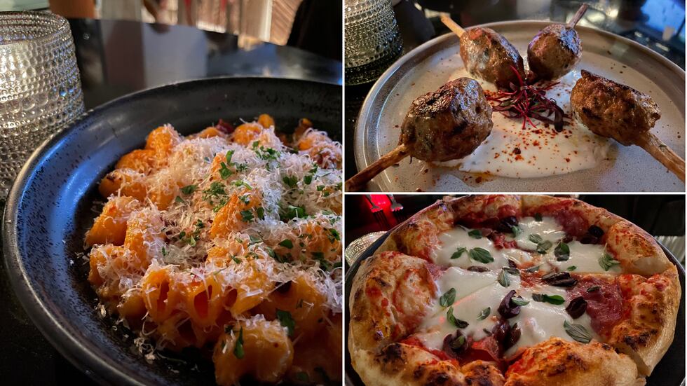 From left to right: Lumache a La Vodka (left), Lamb Kofta (top right), and Diavola pizza...