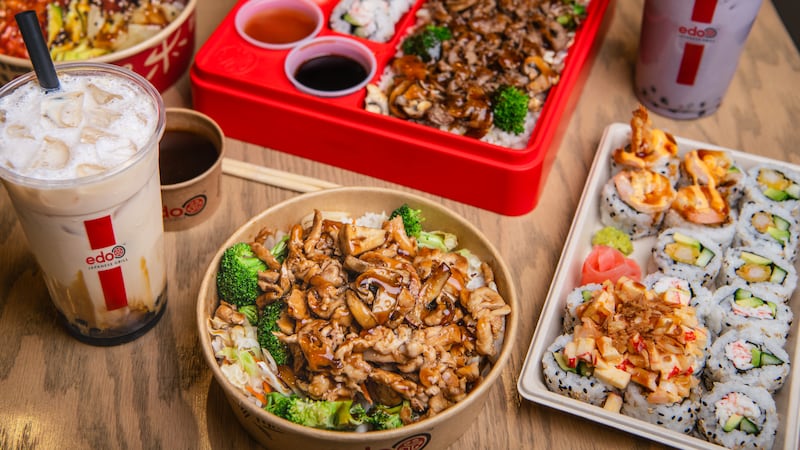 Meal shot of Edo Japanese Grill's most popular entrees and bubble tea drinks