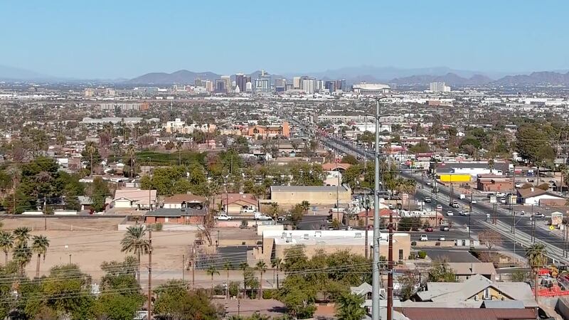 drone view looking north towards downtown Phoenix from the south Phoenix neighborhood.
