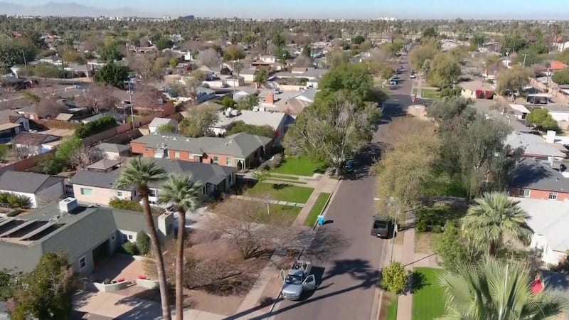 FILE -- Aerial video of single-family housing in Phoenix, Arizona.